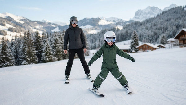 Lächelndes Kind im Skioverall fährt im Schneepflug eine Anfängerpiste hinunter, ein Elternteil fährt hinter ihm