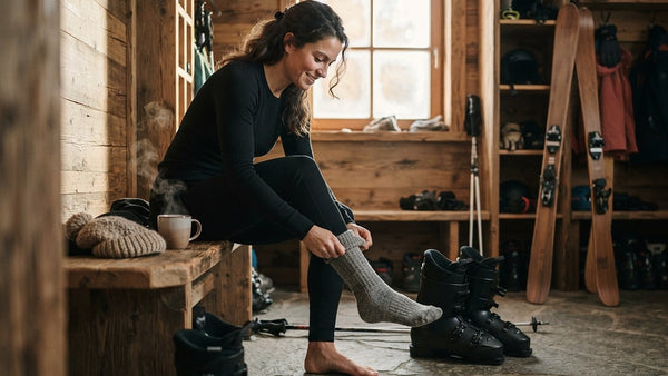 Skieuse en première couche et legging en laine mérinos noirs enfilant ses chaussettes de ski dans le local à skis d'un chalet